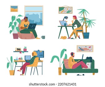 People at home with laptops and PC studying and communicating, watching tutorial and taking part in webinar, flat vector illustration isolated on white background.