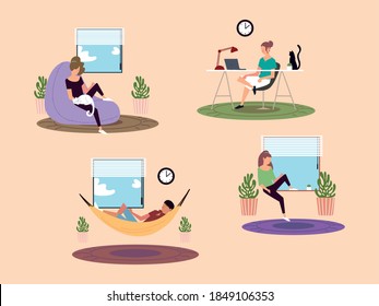 people at home leisure or working, indoor activities vector illustration