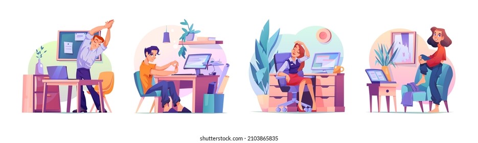 People at home or in office stretching and relaxing during break isolated flat cartoon characters at workplace. Vector workers doing exercises to reduce stress and tiredness, standing and sitting