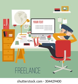 People at home office vector illustration. Freelance worker