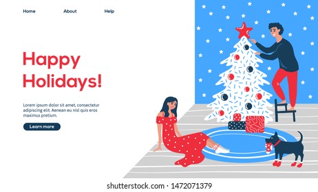 People at home on christmas holidays. Web page design template for Christmas holidays. Modern vector illustration concepts for website and mobile website development. Eps10 vector.