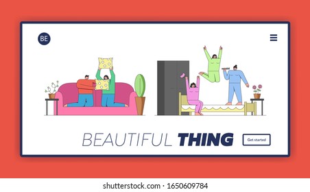 People Home Pastime Website Landing Page Concept. Couple Is Having Pillow Battle On the Sofa and Girls Are Having Pajamas Party. Set Of Cartoon Outline Linear Flat Vector Illustration.