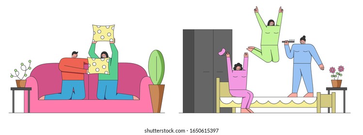 People Home Pastimes Concept. People Are Spending Time At Home. Couple Is Having Pillow Battle On the Sofa and Girls Are Having Pajamas Party. Set Of Cartoon Outline Linear Flat Vector Illustration.