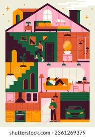 Afiche de la gente en casa. Cartel con habitaciones y garaje, mobiliario y personajes. Hombre y mujer en casa desde adentro con baño y cocina, sala de estar y dormitorio. Dibujo vectorial plano de dibujos animados