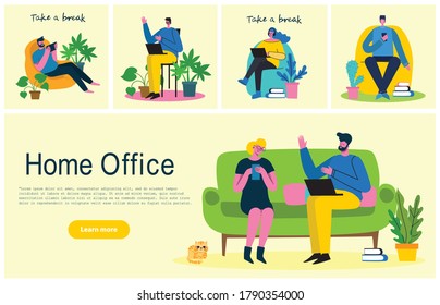 People at home in quarantine. Working at home, coworking space, Webinar, video conference concept vector modern flat style illustration
