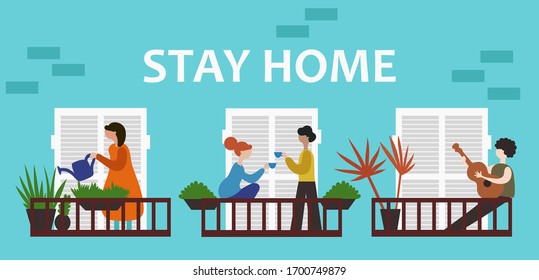 People are at home for self-isolation. Vector flat illustration. Neighbors on the balconies. Quarantine due to coronavirus. Covid-19