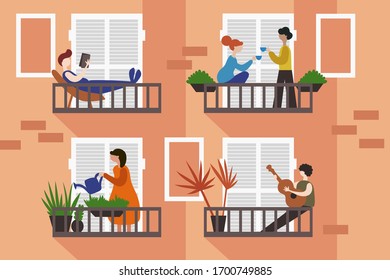 People are at home for self-isolation. Vector  illustration. Neighbors on the balconies. Quarantine due to coronavirus. Covid-19. Hobbies for spending time in quarantine.