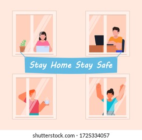 People at home standing near window and working or doing other actions. Stay home stay safe banner. Minimal design vector illustration