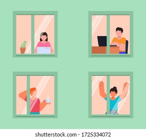People at home standing near window and working or doing other actions. Minimal design vector illustration