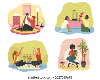 People at home with their pets. Happy owners domestic animals with iguana and hamster, dog and parrot in room. Men and women take care and play with pet indoors. Vector cartoon set