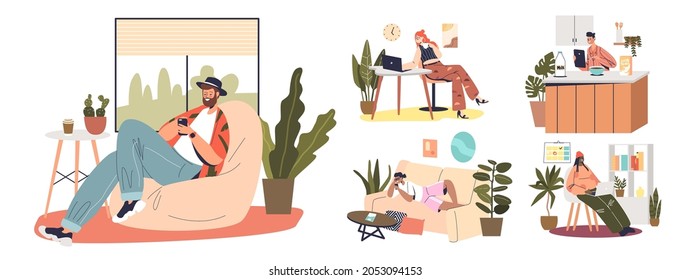 Personas en casa usando dispositivos de gadget: smartphones, tablets digitales y laptop para relajarse y trabajar en línea de forma remota. Personas con tecnologías modernas en sala de estar. Ilustración vectorial de dibujos animados