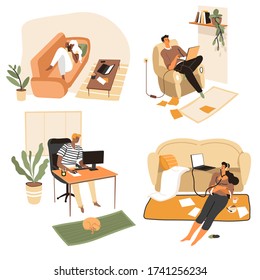People at home using laptops and computers for work or relaxation. Set of characters in living room spending weekends in living room. Interiors of houses of modern youth, vector in flat style