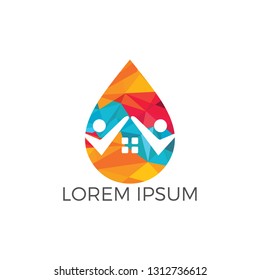 People home and water drop logo design. Human house water logo design template.