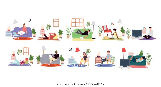 people at home working and leisure or recreation, indoor activities vector illustration