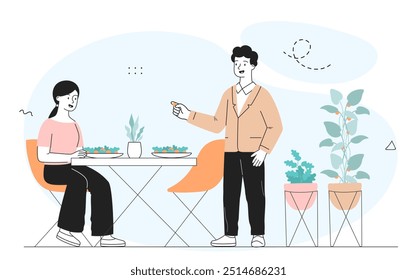 People with homemade food. Man and woman with salad plates. Healthy lifestyle and eating. Proper diet and nutrition with vegetables. Linear vector illustration isolated on white background