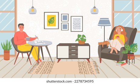 People at homes, spend weekend do hobby. Vector of recreation time, relax lifestyle, young male and female illustration