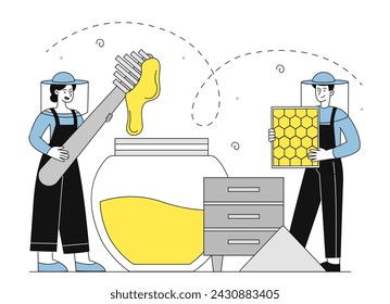 People with honey linear. Man and woman in protective uniform at apiary. Apiarist team with honeycombs. Natural and organic products. Simple flat vector illustration isolated on white background