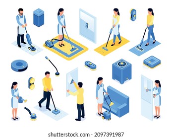 Menschen, die verschiedene Fußböden bedecken und moppeln Teppichmöbel Waschfenster und Gläser mit verschiedenen Reinigungs-Gadgets isometrische Set einzelne Vektorgrafik