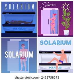 People in horizontal and vertical solarium posters set. Men and women standing inside tanning booth and lying in sunbed. Flat vector illustration cards collection with text.