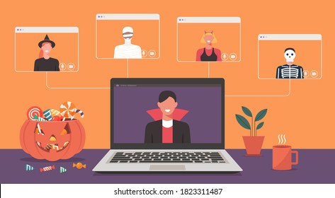 People in horror dress having video call or video conference to celebrate online holiday and Halloween party on laptop at home together with friends in, flat vector illustration