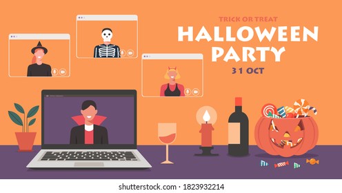 People in horror dress having video call to celebrate online Halloween party on laptop at home together with friends, flat vector banner illustration