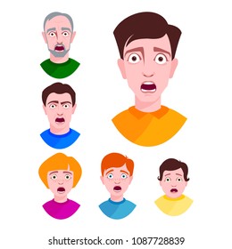 People horror faces vector extremely surprised young shock portrait frightened character emotions afraid expression person with open mouth illustration.