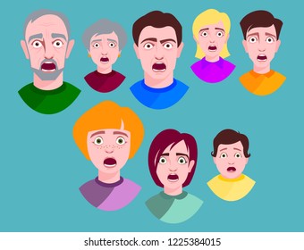 People horror faces vector extremely surprised young shock portrait frightened character emotions afraid expression person with open mouth illustration.