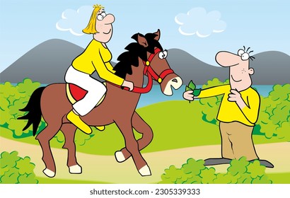 People and horse on the trip, Horseback riding, funny vector illustration