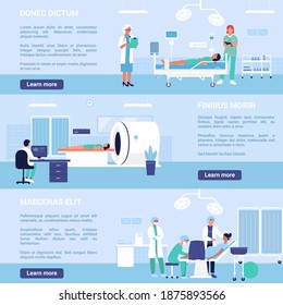 People in hospital departments vector illustration set. Cartoon man woman doctor and nurse working with patients in gynecological or surgical ward department, laboratory tomography scanner background