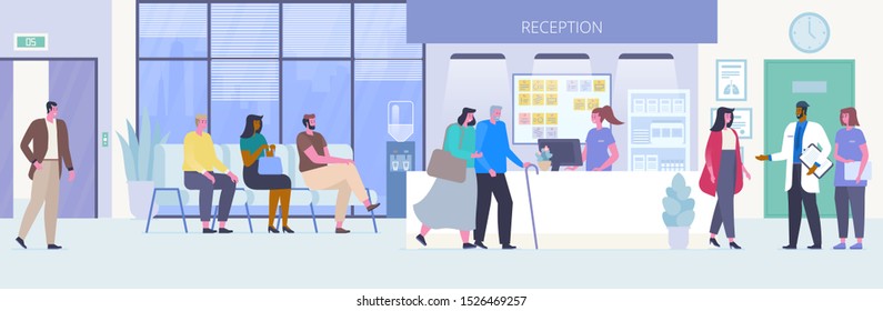 People in hospital hall flat vector illustration. Men and women in queue, doctor speaking with patient cartoon characters. Clinic waiting room reception interior. Healthcare and medicine concept 