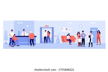 People in hospital hall. Patients waiting their turn at doctor office, standing at reception. Vector illustration for clinic interior, medical help, healthcare, examination concept