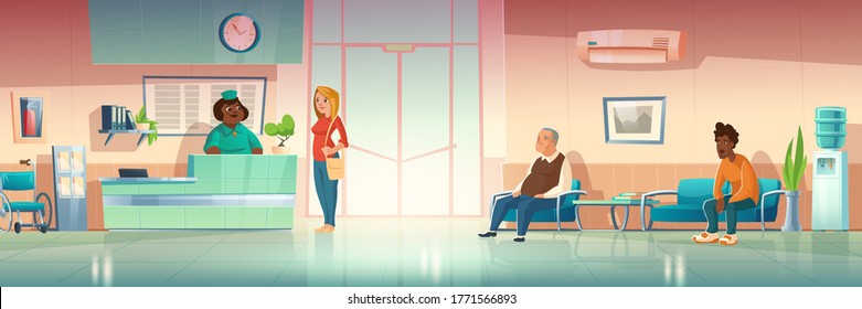 People In Hospital Hallway, Clinic Hall Interior With Receptionist On Reception Desk, Patients Waiting Appointment In Corridor Couch, Glass Entrance Door And Water Cooler. Cartoon Vector Illustration