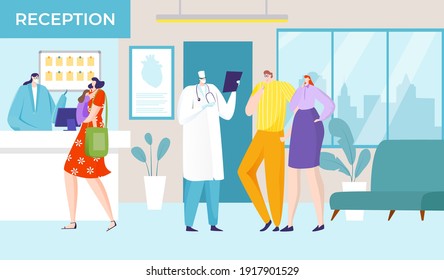 People In Hospital, Patient Admission Concept, Inscription Receptionist, Hospital Nurse Design Cartoon Style Vector Illustration. Woman With Small Child Makes Appointment, Doctor Gives Consultation.