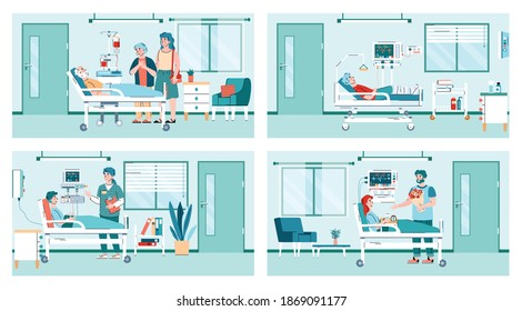 Personas en el interior de la habitación del hospital - conjunto de caricaturas de enfermeras y visitantes por paciente con problemas de salud en la cama en el área de medicina. Ilustración vectorial.