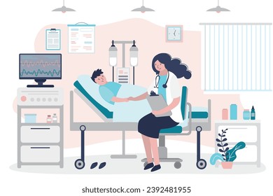 Hospitalización de personas, concepto médico. Niños enfermos en cama en la cámara de la clínica con atención y tratamiento de médicos o enfermeras. Un niño enfermo recibe goteo en la clínica. Dibujo vectorial plano de dibujos animados