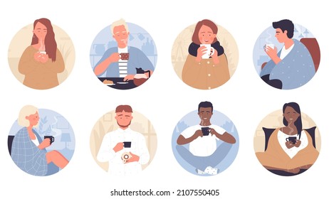 People with hot drinks in round avatar set vector illustration. Cartoon cute woman and man holding in hands ceramic cup with coffee, milk tea or chocolate beverage. Coffee or tea break concept