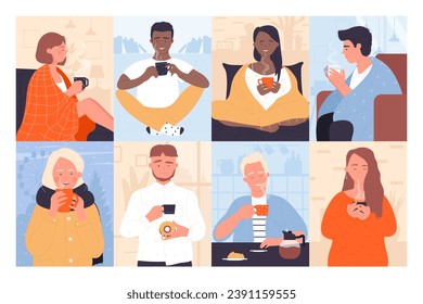 People with hot drinks set vector illustration. Cartoon different male and female characters drinking hot tea or coffee at home or outdoors to keep warm and relax, wearing warm clothes or blanket