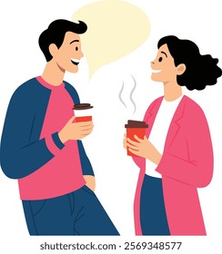 people with hot drinks talking during coffee break. Smiling man and woman chatting. illustration