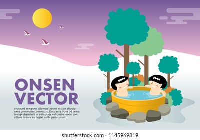 People in hot spring onsen vector, japanese culture, snow, relaxing.
