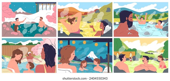 People hot springs. Wellness winter pool, japan spring onsen outdoor thermal pond, man and woman relaxing steam pool bathing in nature asian spa resort, classy vector illustration