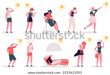 People in hot weather. Male and female characters suffer from heat, summer extreme hot weather. Seasonal summertime heat vector illustration set. Sunbathing under umbrella, looking at thermometer