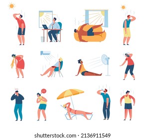 People in hot weather, Men and women suffering from heat stroke. Characters cooling down with fan, drinking water in summer heat Vector set. Sick adults, having headache, heart attack