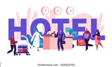 People in Hotel Concept. Reception, Lobby Interior with Stuff Meeting Arabic and European Guests. Characters Arriving to Hotel Poster, Banner, Flyer, Brochure. Cartoon Flat Vector Illustration