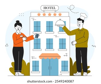 People with hotel service. Man and woman near hotel building. Travel and tourism. Holiday and vacation. Guest accommodation and reservation. Linear vector illustration isolated on white background