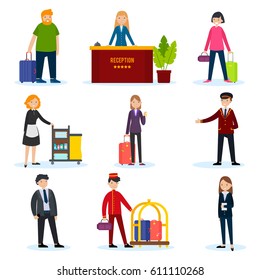 People in hotel set with tourists customers receptionist porter manager security and cleaning staff isolated vector illustration