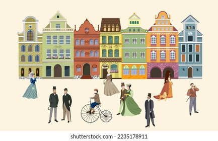 People and houses old Europe. Clipart isolate. Vector illustration.