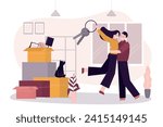 People hug and celebrate housewarming. Young family with keys to house or apartment. Room interior with boxes and things, relocation. Buying home or profitable mortgage concept. vector illustration