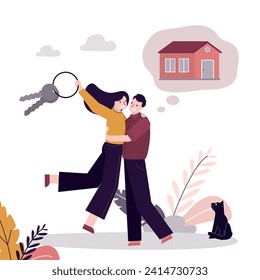 People hug and celebrate housewarming. Young family with keys to their house or apartment. Buying home or profitable mortgage concept. Couple in love invests money in real estate. vector illustration