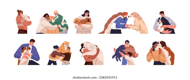 People hug dogs set. Owners love their diverse breed puppies. Kid hold in hand pet. Couple cuddles domestic animal. Men, women embrace cute pup. Flat isolated vector illustration on white background.