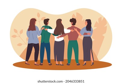 People hug each other concept. Friends look back and provide support. Group of men and women helping to cope with mental problems. Cartoon flat vector illustration isolated on white background